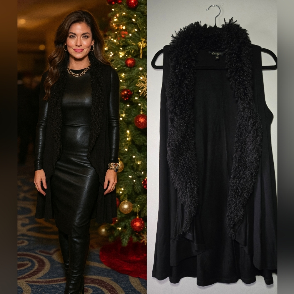 Jessica Simpson Black Faux Fur Trim Open Front Vest‎ – Size S – Great Condition